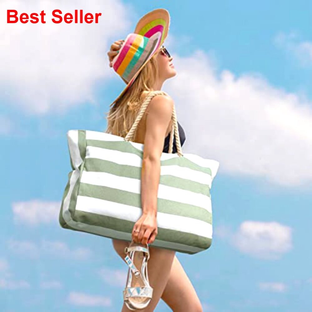 Large Waterproof Beach Tote Bag with Zipper Closure Extra Capacity - Picture 2 of 7